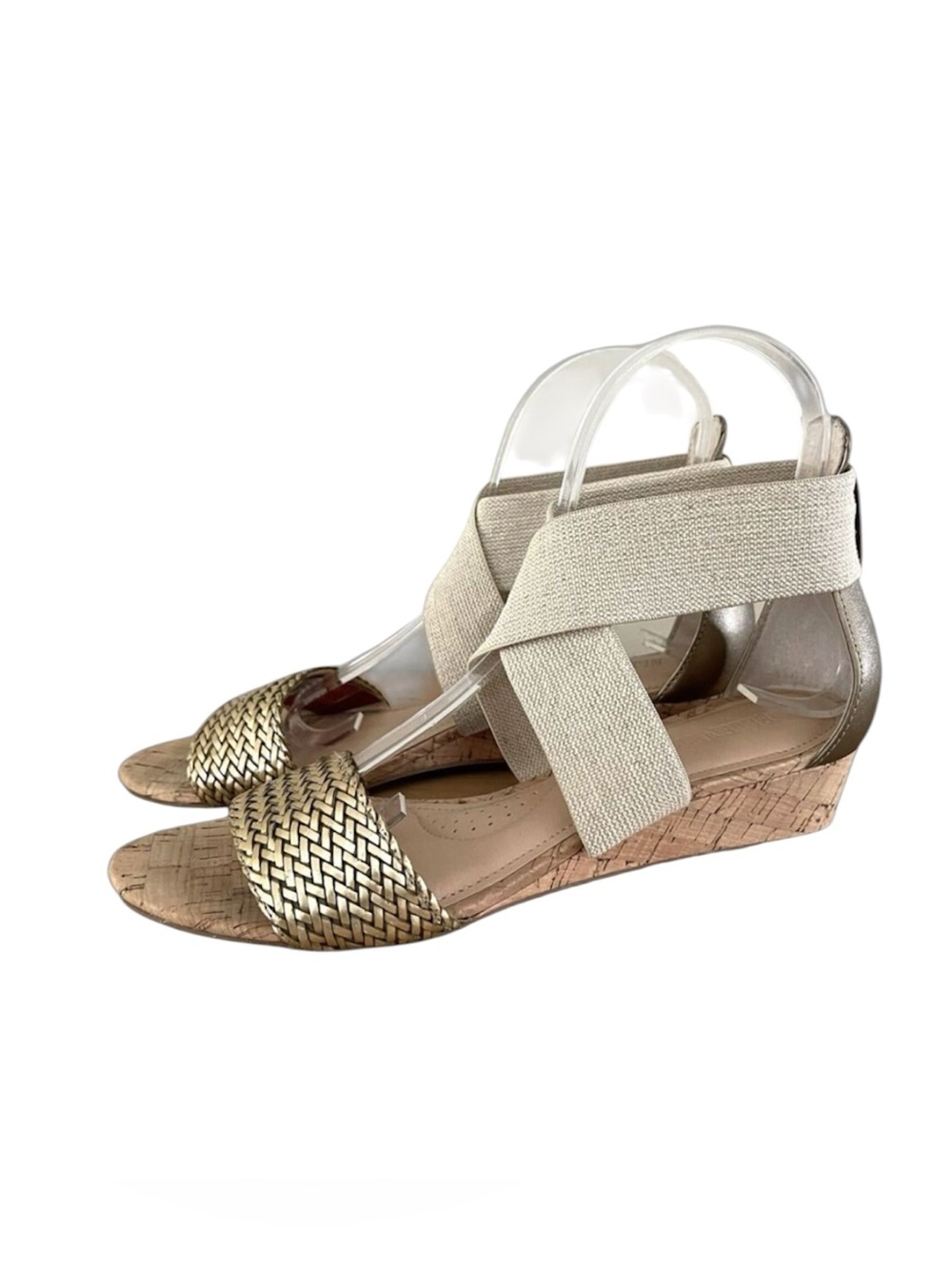 Ellen Tracy Boho Cork Wedge Sandals Size 7.5 Gold Woven Tan Ankle Elastic Straps